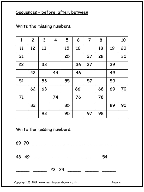 Numbers to 100 Homework Sheets