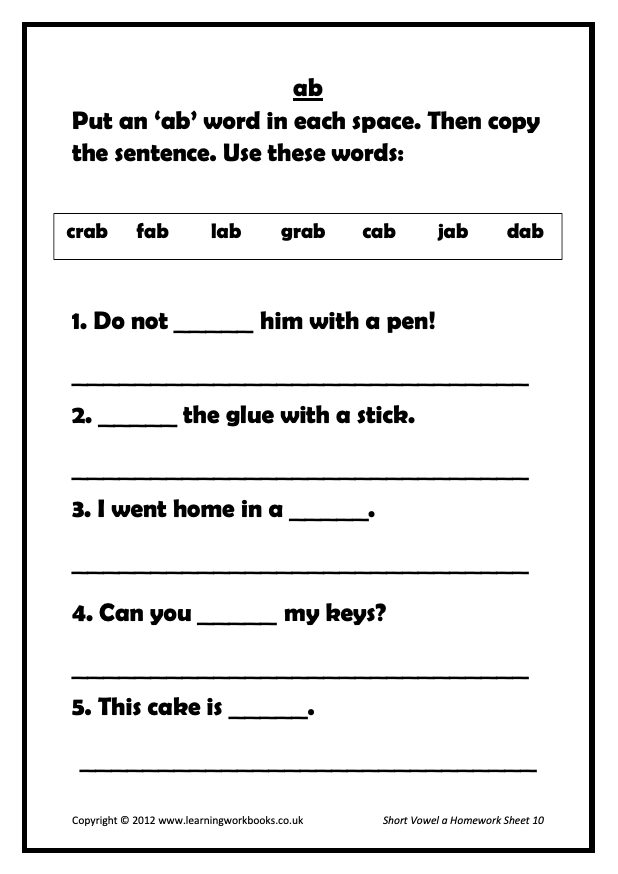 Phonics 1 Homework Sheets: Short Vowel a