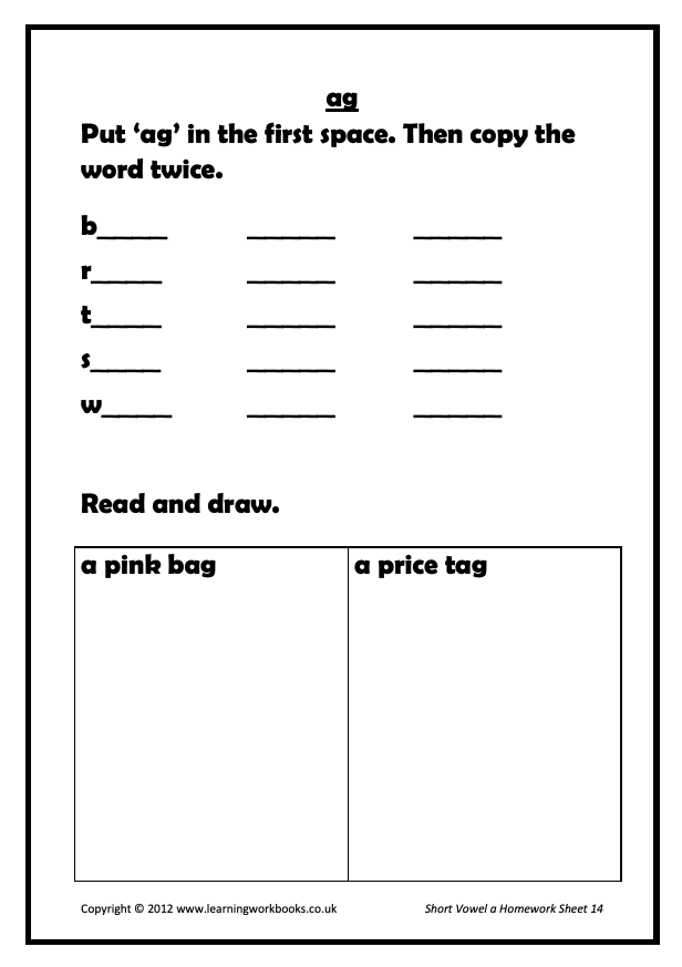 Phonics 1 Homework Sheets: Short Vowel a