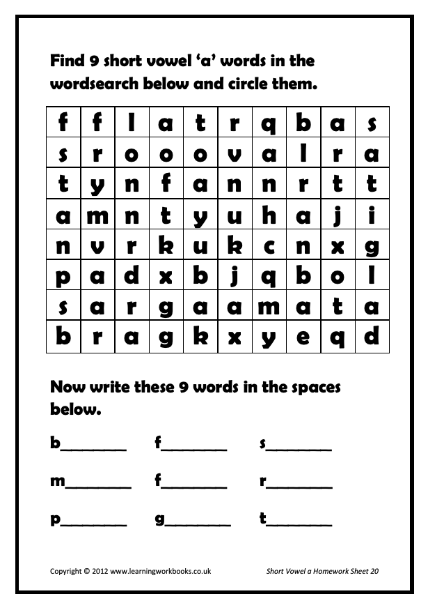 Phonics 1 Homework Sheets: Short Vowel a